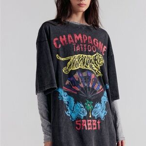 SOLD OUT FREE PEOPLE SABBI Champagne Tattoo Black Tee Tiger Dragon Size Small